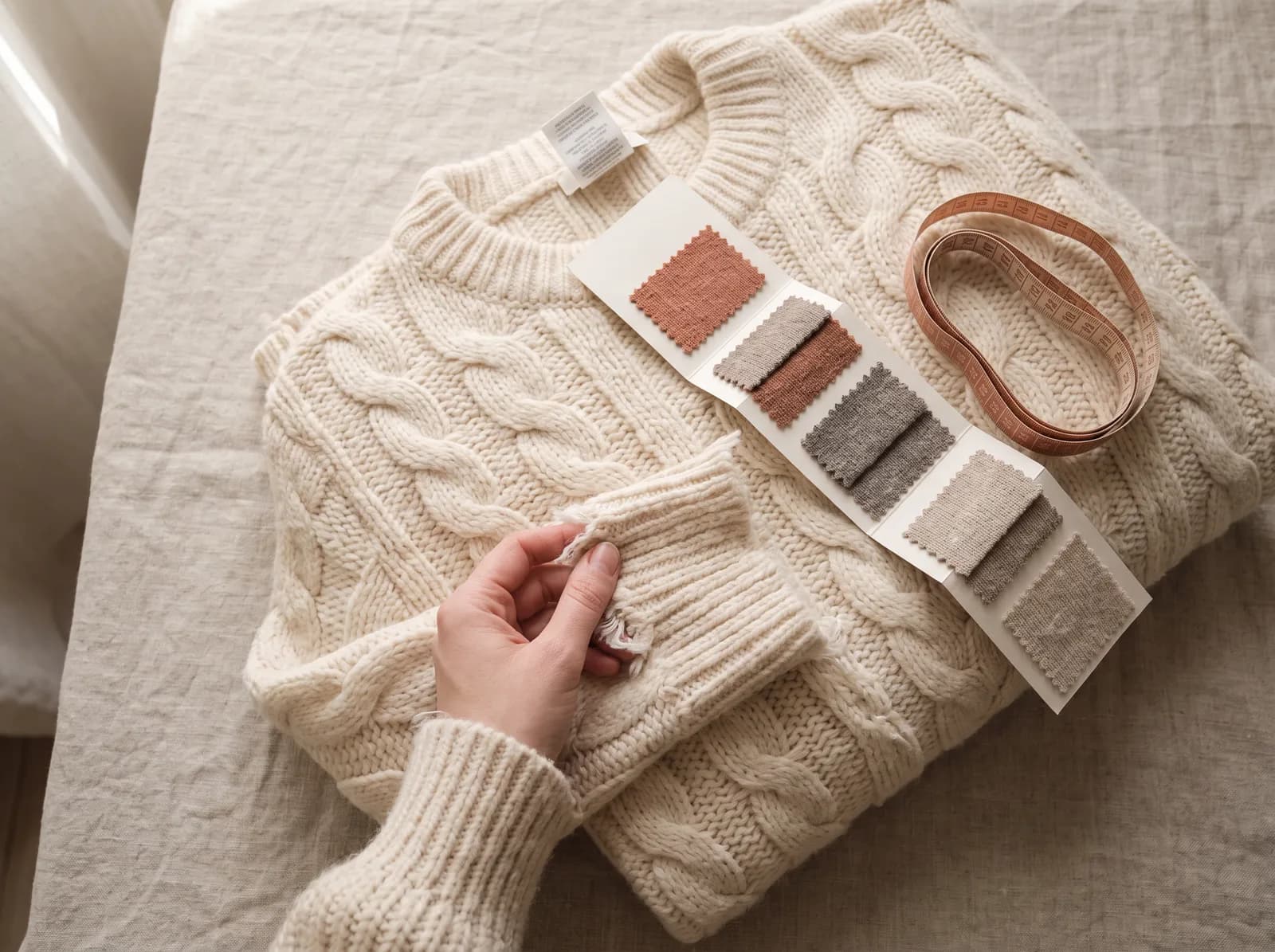 Folded knitted sweater with fabric swatches and a measuring tape