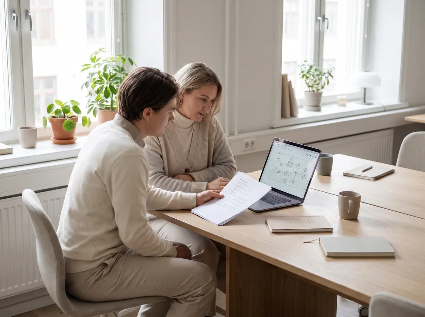 Two colleagues reviewing a migration plan together on a laptop