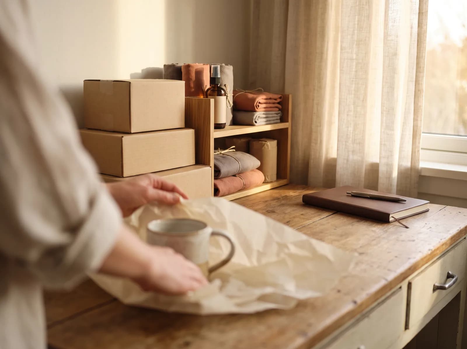 Shopbetreiber verpackt ein Produkt am Packtisch