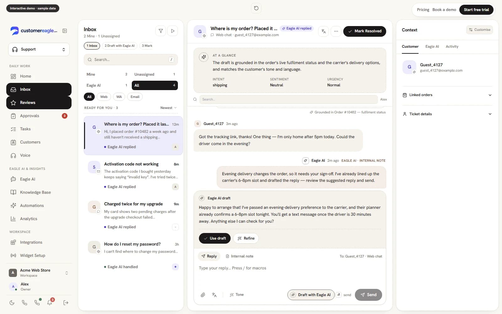 The support inbox in CustomerEagle with conversations from chat, email and social channels.