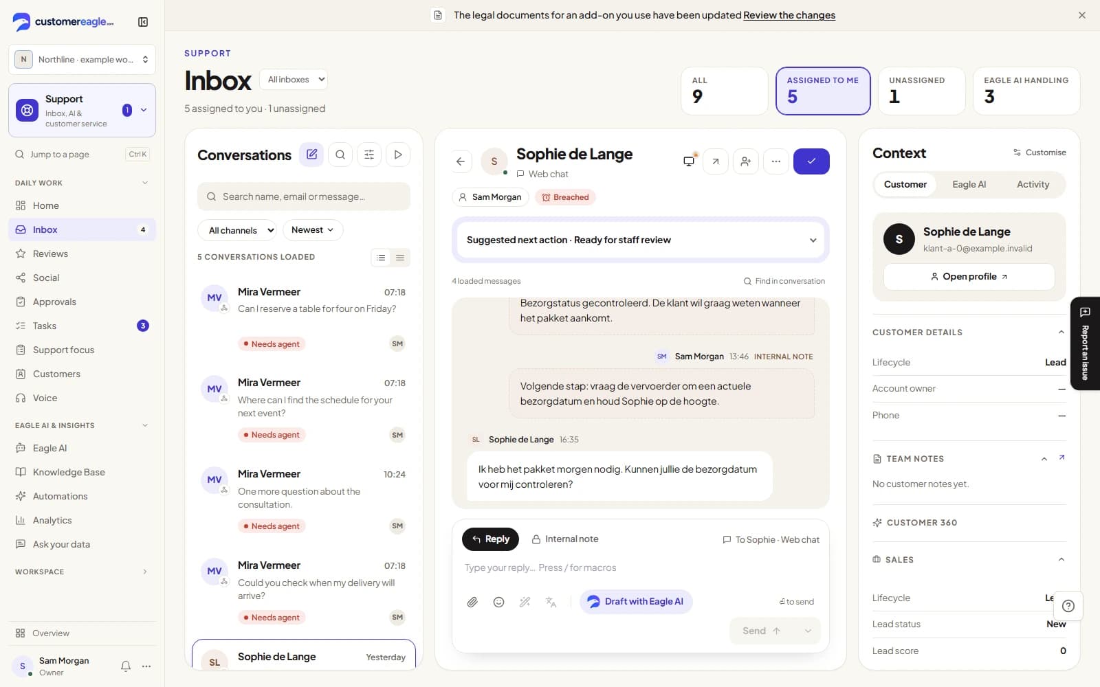 The support inbox in CustomerEagle with conversations from chat, email and social channels.