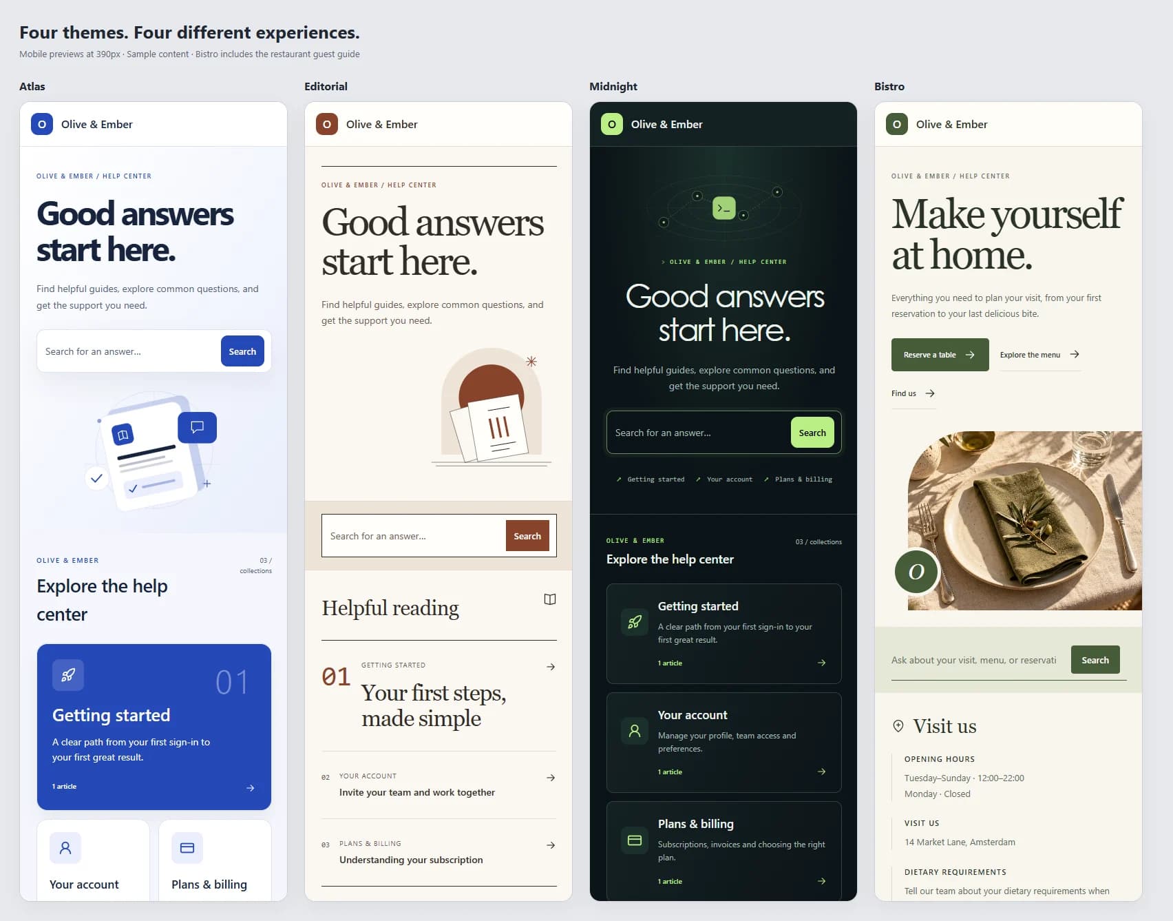 Atlas, Editorial, Midnight and Bistro help center themes on mobile with fictional sample content