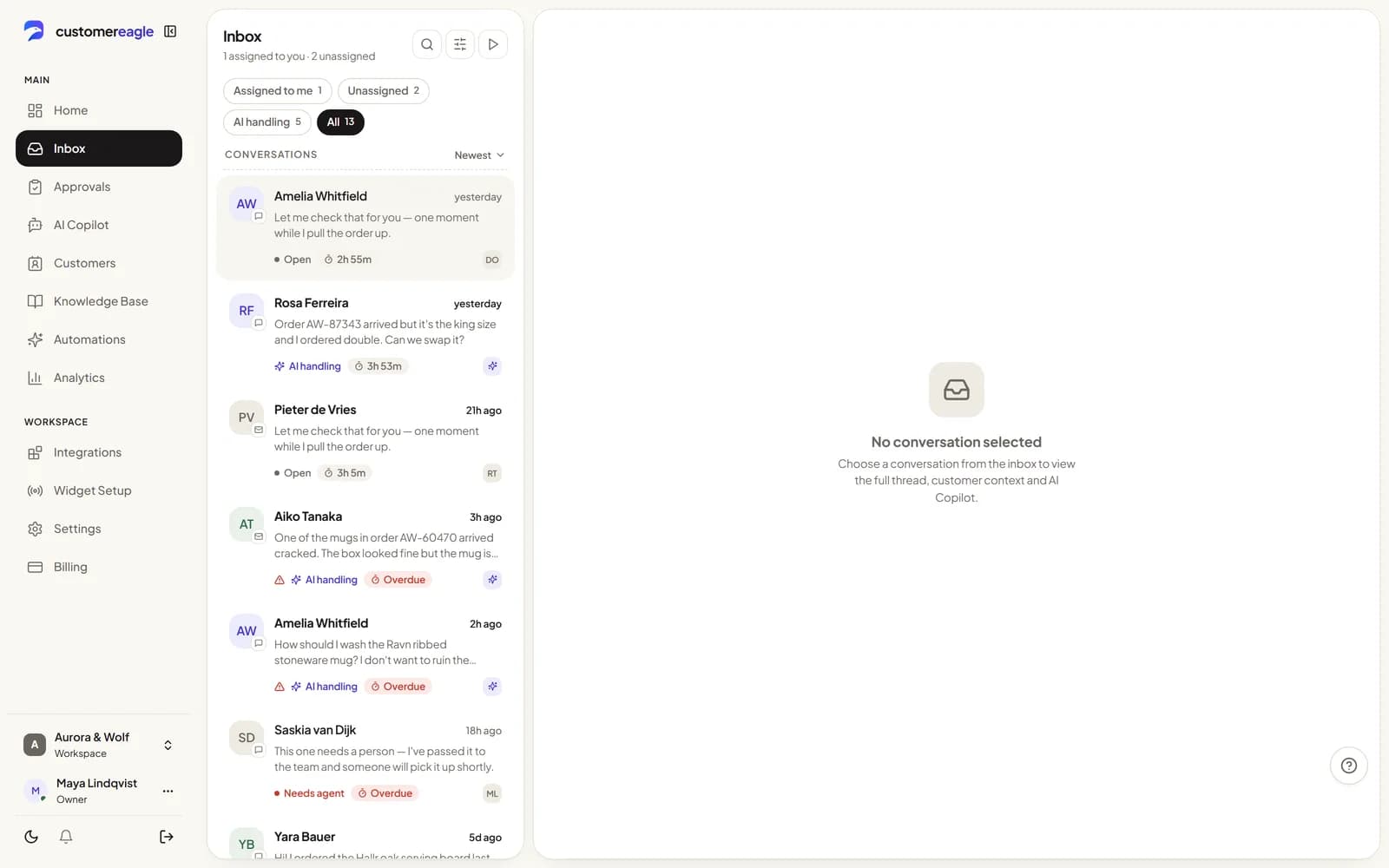 Shared inbox with channel list, conversation list and an open thread with an AI-suggested reply