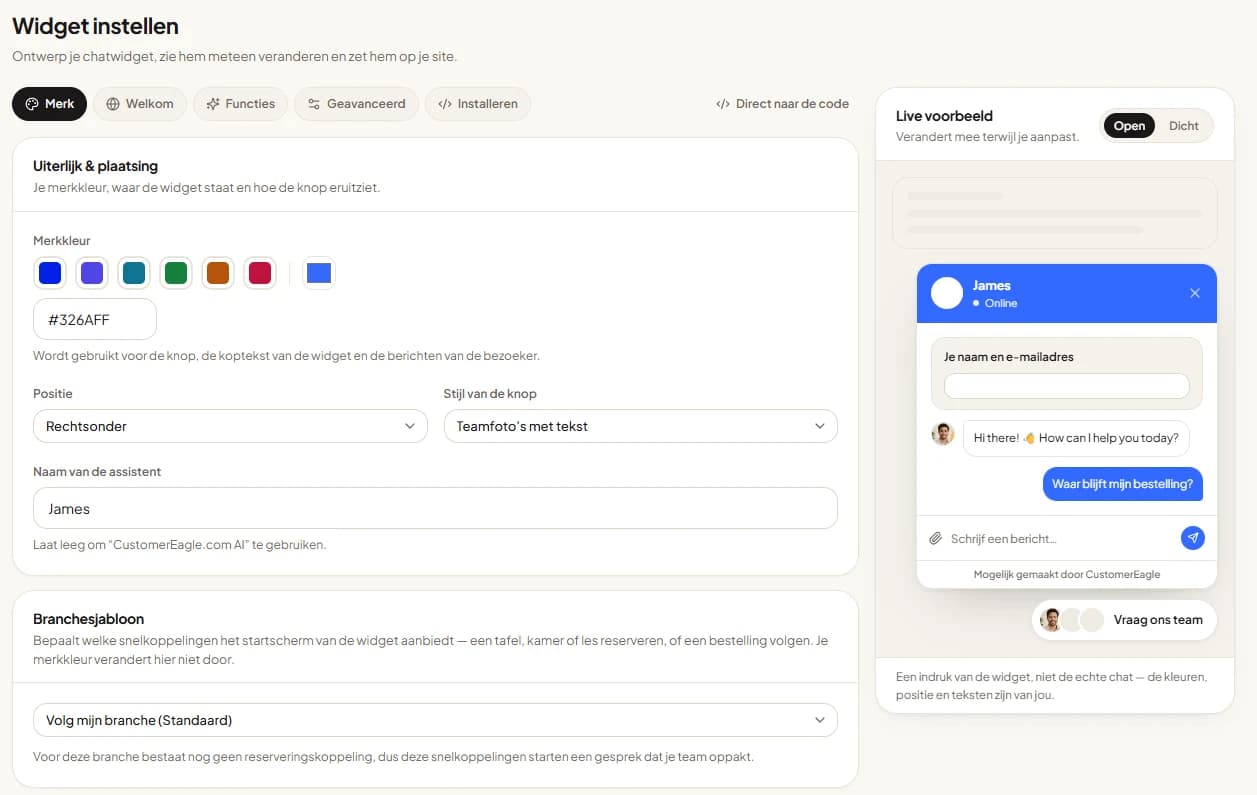 Widget-instelscherm met een live voorbeeld van de chatwidget