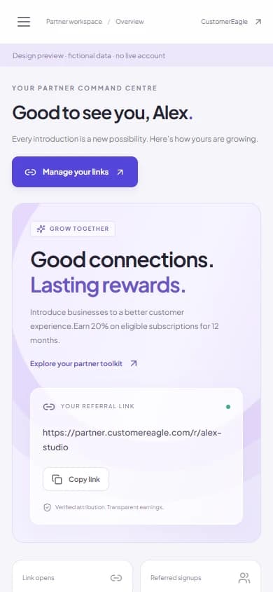 CustomerEagle partner portal on a phone, showing a fictional campaign referral link