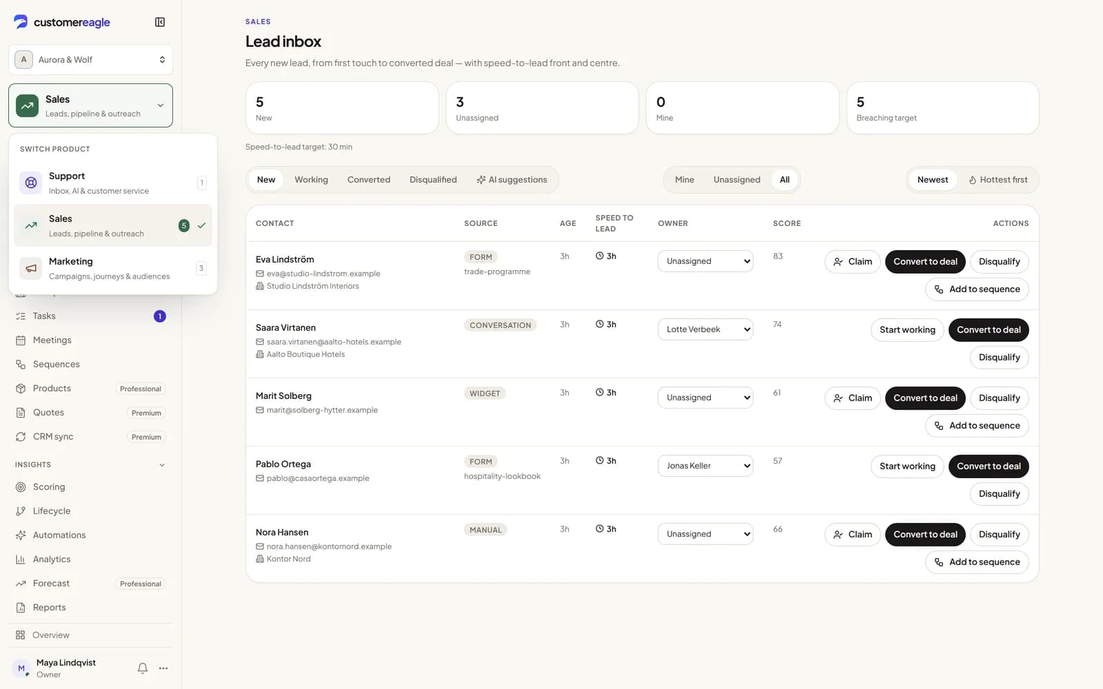 The CustomerEagle sidebar with the product menu open over the Sales lead inbox