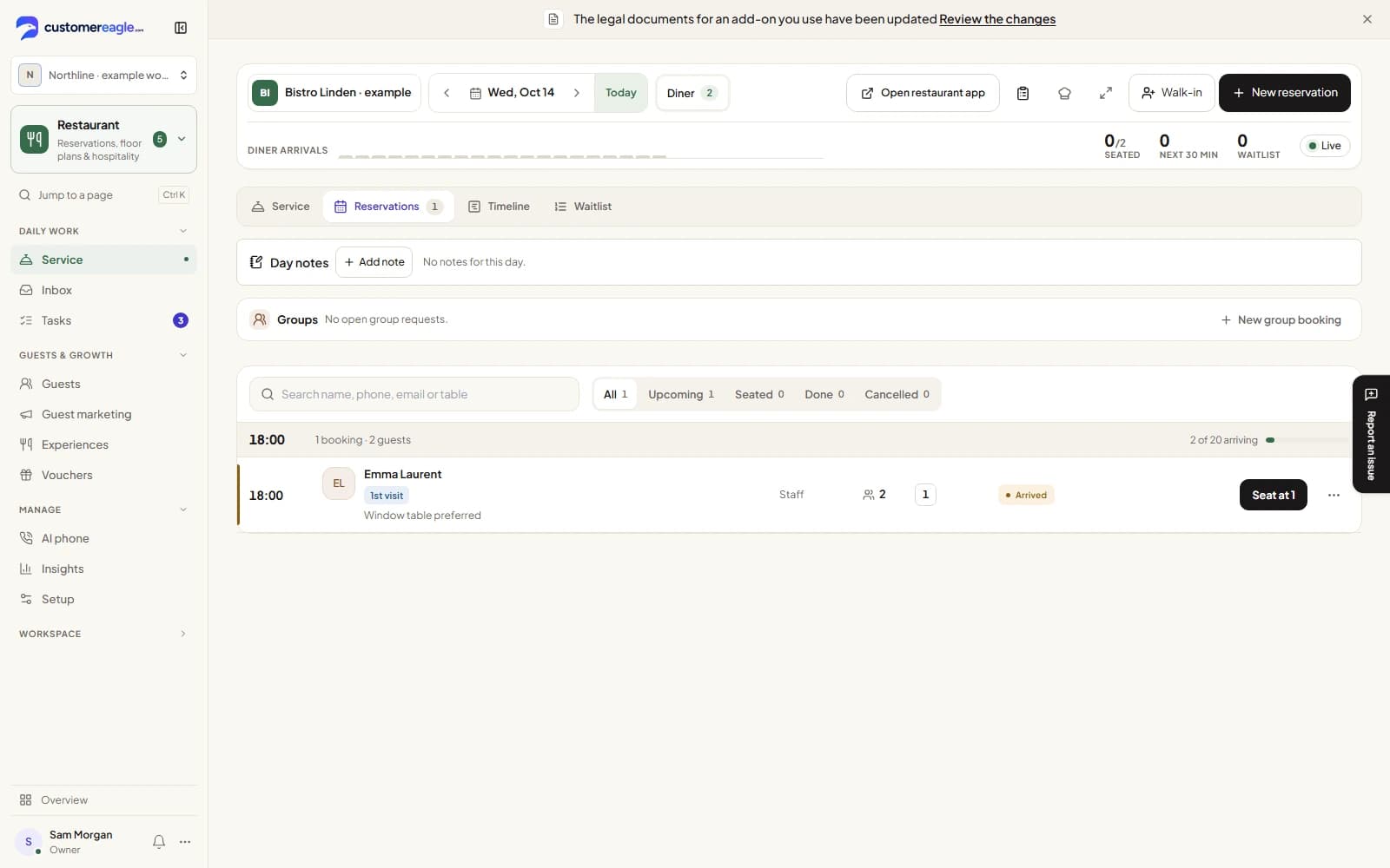 Restaurant reservations workspace with fictional demo data