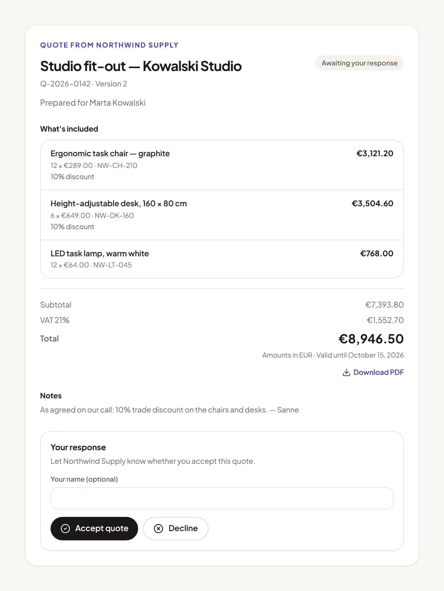 Ein Angebot aus Kundensicht: Positionen, Summen und Schaltflächen zum Annehmen oder Ablehnen.