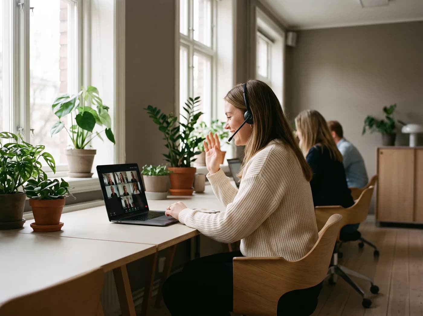 Eine Person aus dem Support-Team winkt zu Beginn eines Videocalls